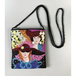 Vintage Seed Bead Purse Victorian Art Deco Ladies Flowers Black Pink Blue White